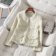 Осень Новая Европейская и американская женская одежда длинный рукав круглый воротник тяжелая промышленность карман гвоздь бисером твидовая куртка