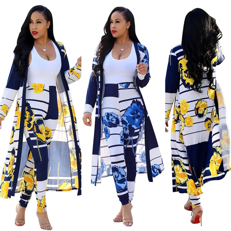 

Autumn 2 Piece Set Women Slim Fitting Ankle Length Printed Pencil Trouser With Long Cloak Office Lady Style Womens Outfits