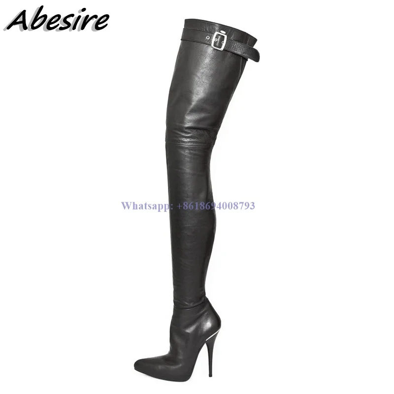 

Thigh High Black Buckle Decor Boots Side Zipper Over The Knee High Heel Pointed Toe Women Boots Big Size Shoes botas de mujer