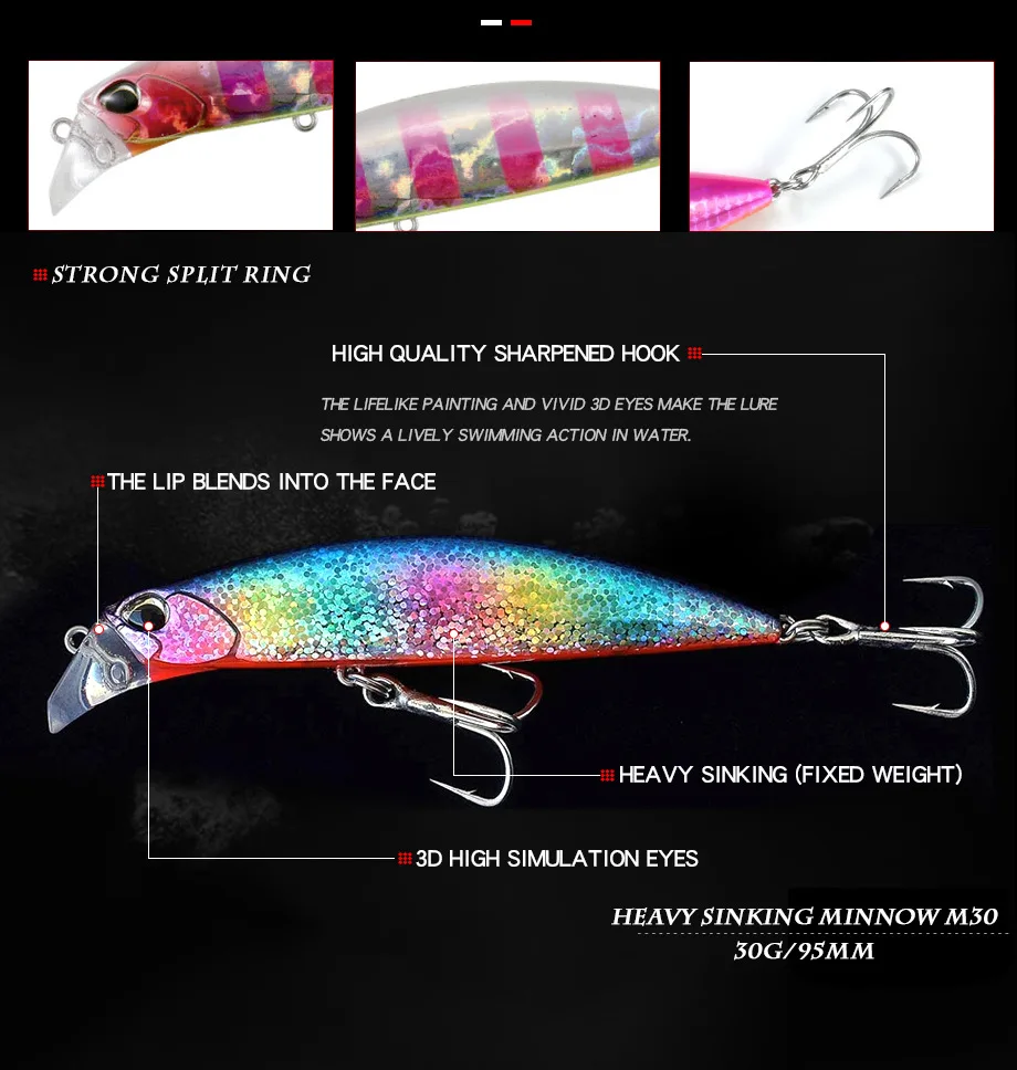 Bassland New Sinking Minnow Fishing Lure 30g 95mm Fishing Lures Sea Fishing Pesca Japan Hooks For Bass pike Hard Baits