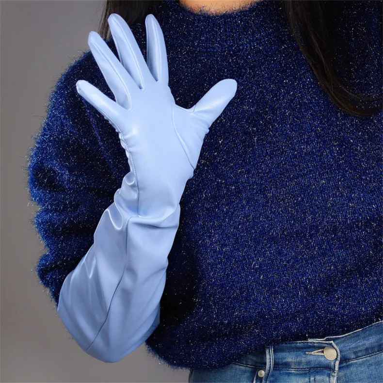 Очень длинные кожаные перчатки, 60 см, удлиненные, имитация кожи, овчина, светильник, голубое, небесно-голубое, женские перчатки, экспортное качество WPU144