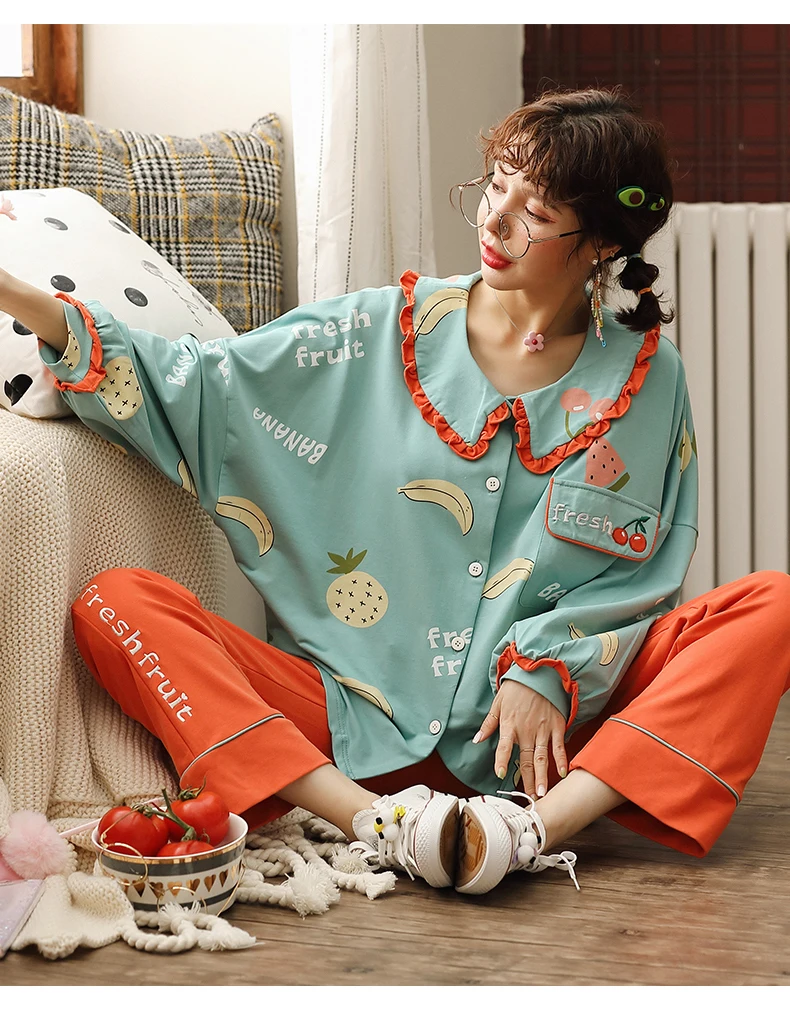 JRMISSLI хлопковый длинный пижамный комплект для женщин с принтом фруктов m-xxl большой размер пижамы ночные рубашки мягкие домашние пижамы Нижнее белье Женская пижама