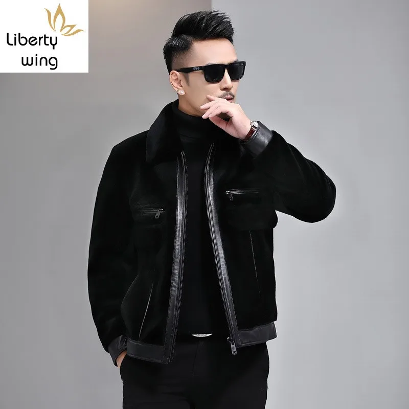 

Winter Mens Real Fur Business Man Shearling Natural Wool Coat Slim Fit Office Work Sheep Shearing Short Jacket Size M-4XL