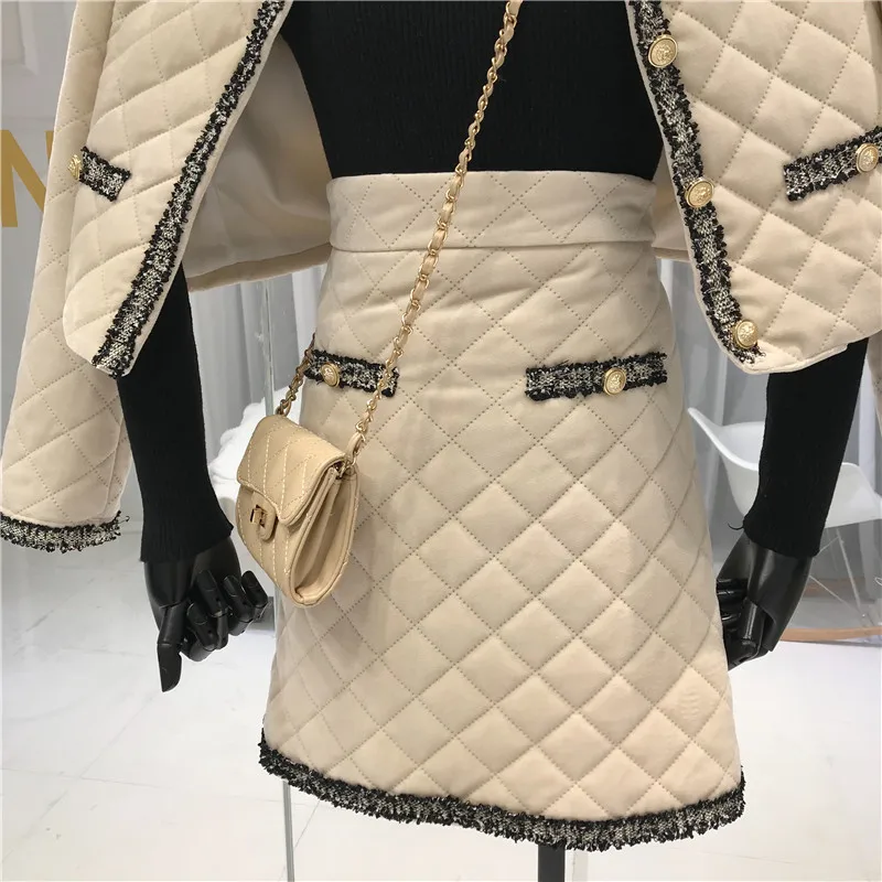 ALPHALMODA, зимняя женская куртка, юбка, 2 шт., модный костюм, в сетку, с подкладкой, короткая верхняя одежда, пальто+ трапециевидная юбка, Модный комплект