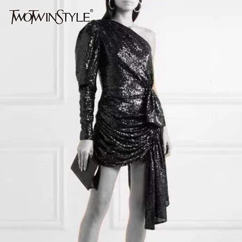 

TWOTWINSTYLE Patchwork Sequined Women's Dress Asymmetrical Collar One Shoulder High Waist Irregular Dresses Female 2020 Fashion