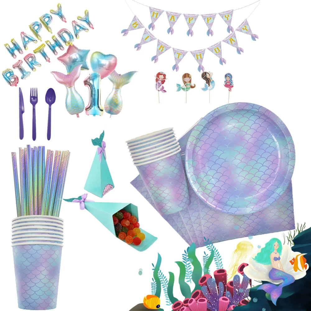 Suministros de fiesta de cumpleaños de sirena, juego de vajilla de papel, nder, escala del mar, taza y plato de papel, recuerdo, decoración de fiesta de primer cumpleaños para niña