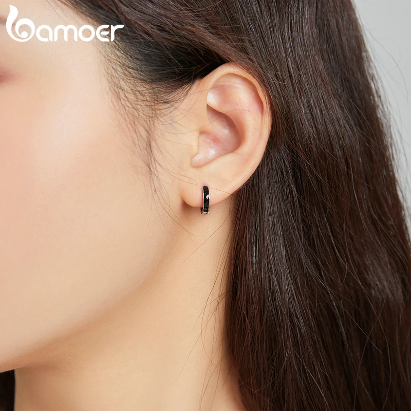 bamoer 1 Pair Silver Black Hoop Earrings for Women 100% 925 Sterling Silver Enamel Drop Oil Earring Party Jewelry SCE1047 - Image 2