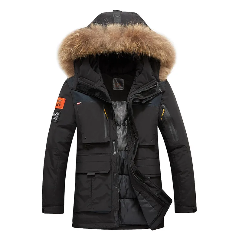 Мужская зимняя парка, Толстая куртка, Мужская модная дизайнерская ветровка, теплая верхняя одежда, новое длинное пальто с капюшоном с несколькими карманами, брендовая одежда - Цвет: Черный