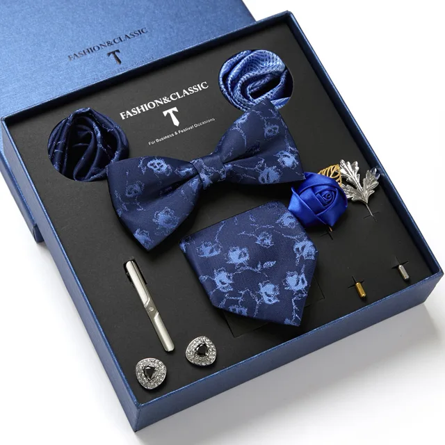 Necktie set for Men Silk Butterfly Tie Hanky Cufflinks Cufflinks Tie Clips and Lapel Pin Set