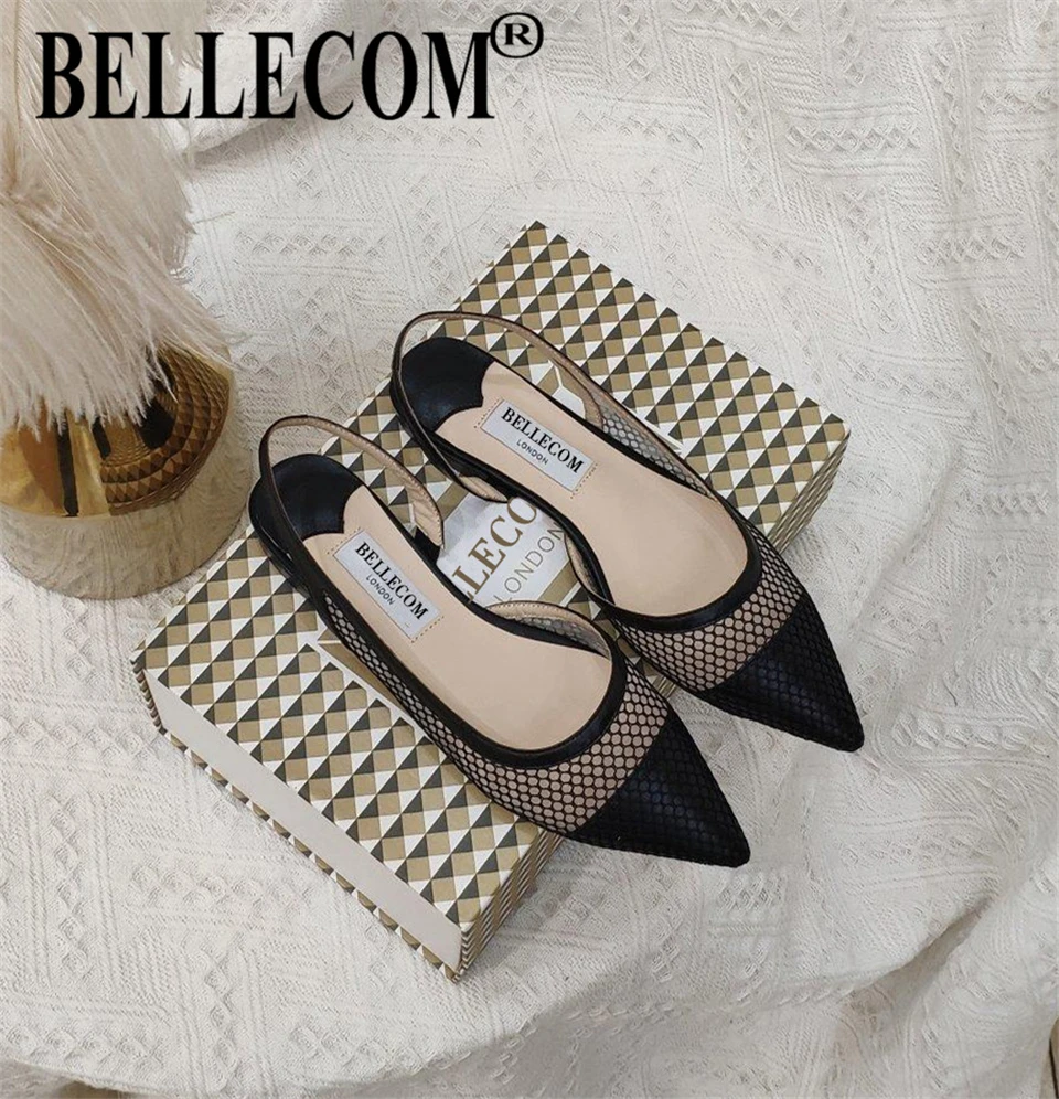 

BELLECOM New 2019 summer baotou rear tripping strap side empty flat sandals for women wear mesh top pointed flat heels