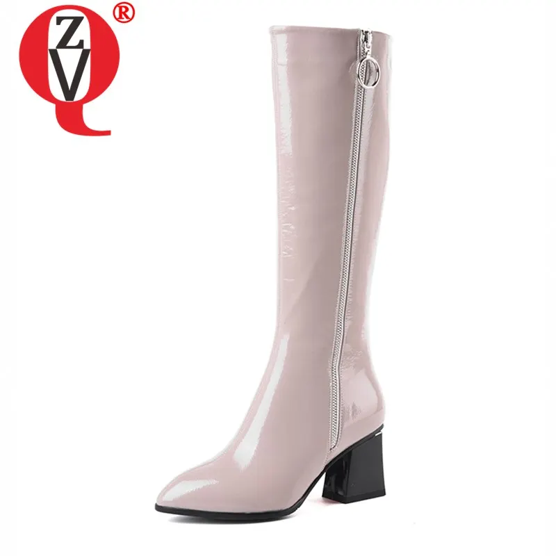 

ZVQ cool knee-high boots Patent leather motorcycle boots autumn Khaki zipper fashion 6cm high heels women's shoes drop shipping