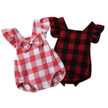 

2019 Summer Newborn Baby Girls Buffalo Red Plaid Fly Sleeve Romper Boho Clothes Outfits