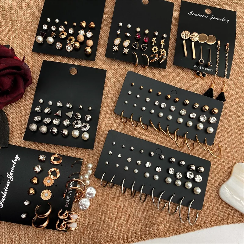 EN Fashion Women Pearl Stud Geometric Crystal Heart Earrings