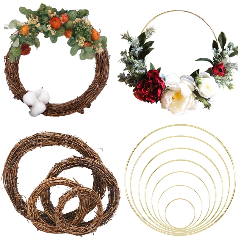 

10-40cm Gold Iron Metal Ring Wedding Bridesmaid Handheld Garland Artificial Flower Rack Rattan Wreath Party Hanging Deco Catcher