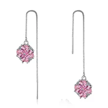 925 пробы, серебряные, милые, розовые, с цветком, блестящие, CZ Циркон, женские длинные серьги-гвоздики с кисточками, ювелирные изделия для женщин, рождественский подарок для девушек