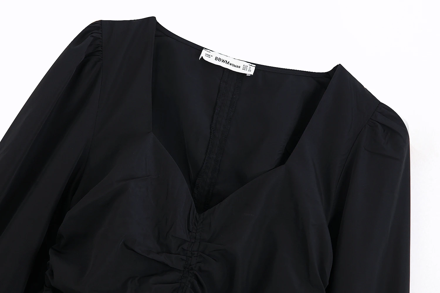 Мода Za, сексуальная женская однотонная черная плиссированная футболка, длинный рукав-фонарик, v-образный вырез, футболка, пуловер, Ретро стиль, тонкие повседневные топы