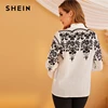 SHEIN Black And White Embroidery Stand Collar Elegant Shirt Women Tops 2019 Autumn Long Sleeve Office Ladies Blouse Shirts Blouses & Shirts Women's Women's Clothing