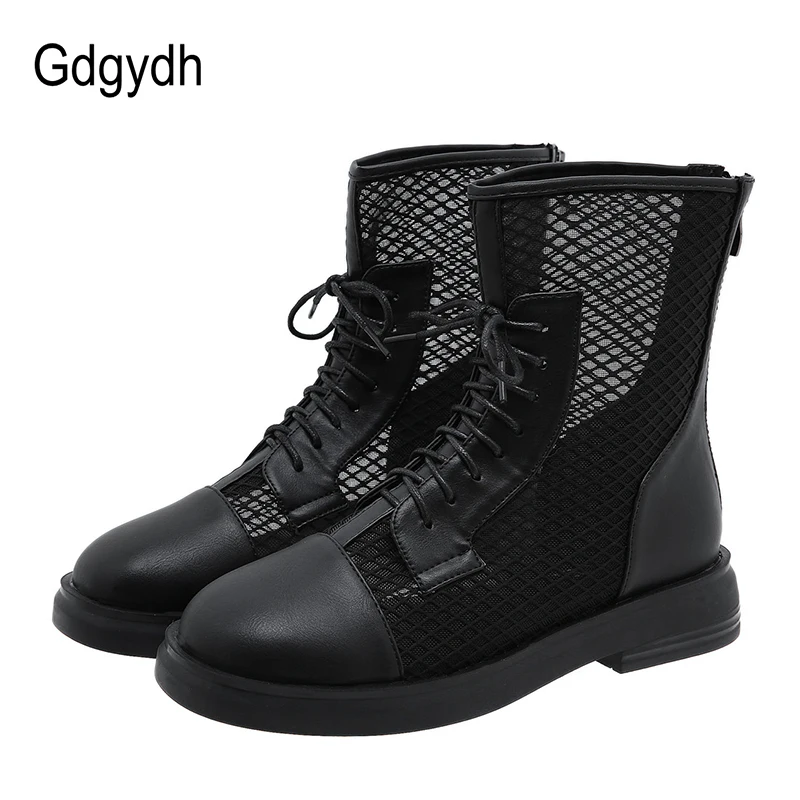 Женские ажурные ботильоны Gdgydh черные сетчатые ботинки на шнуровке с молнией и