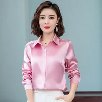 Elegant Office Ladies Work Shirt Women Blouse Long Sleeve Lapel Hidden Buttons Bright Basic Satin Silk Women Shirt Female Tops 2