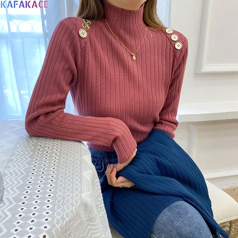 

KAFAKACE 2020 Women Sweater Knitting Sexy Pullover Tops&Tees Casual Turtleneck Show Thin Sweet Sweaters Metal Buttons Women Tops