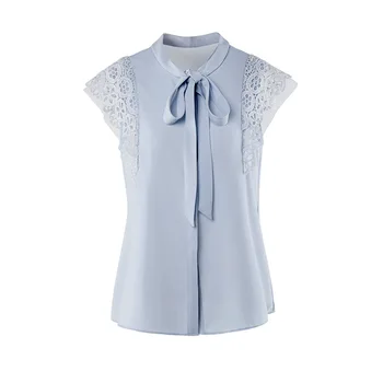 

High qualtiy women summer Water soluble lace patchwork sleevess blouse elegant lace up bow button office lady chiffon blouse