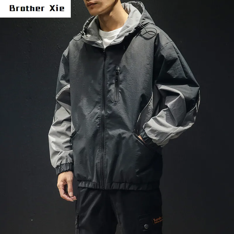 

Autumn New Hooded Jacket Men Fashion Contrast Color Casual Tooling Jacket Man Streetwear Wild Hip Hop Loose Bomber Jacket Men