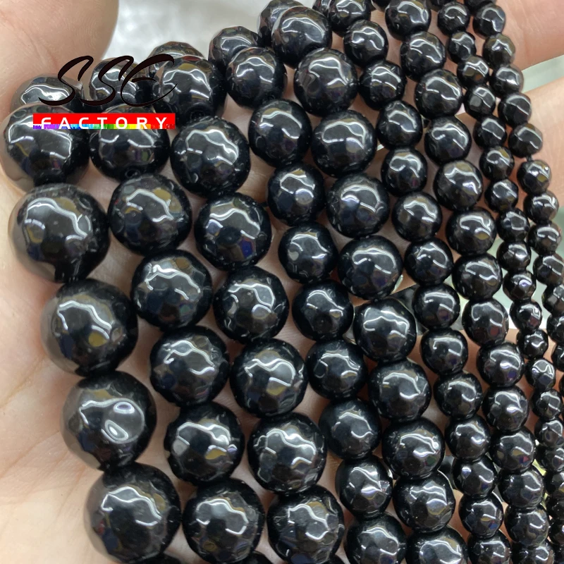 Natural Black Agate Onyx Faceted Round Loose Spacer Beads For Jewelry Making 15" 