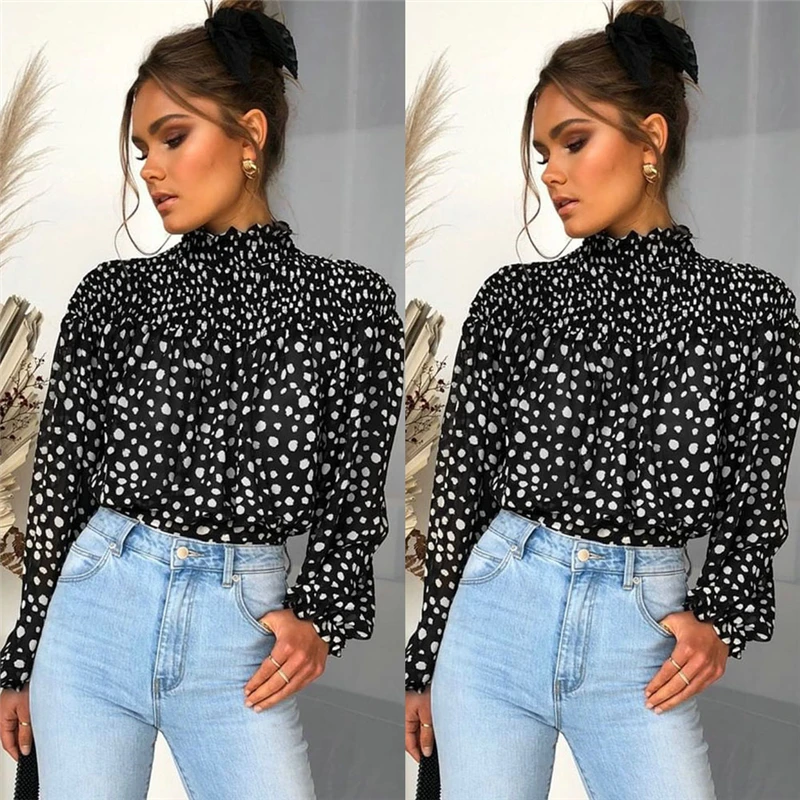 

Fashion women chiffon blouse and top 2019 spring Long sleeve Puff blouse ruffles Chiffon lady shirt Dot pattern Lady blouse