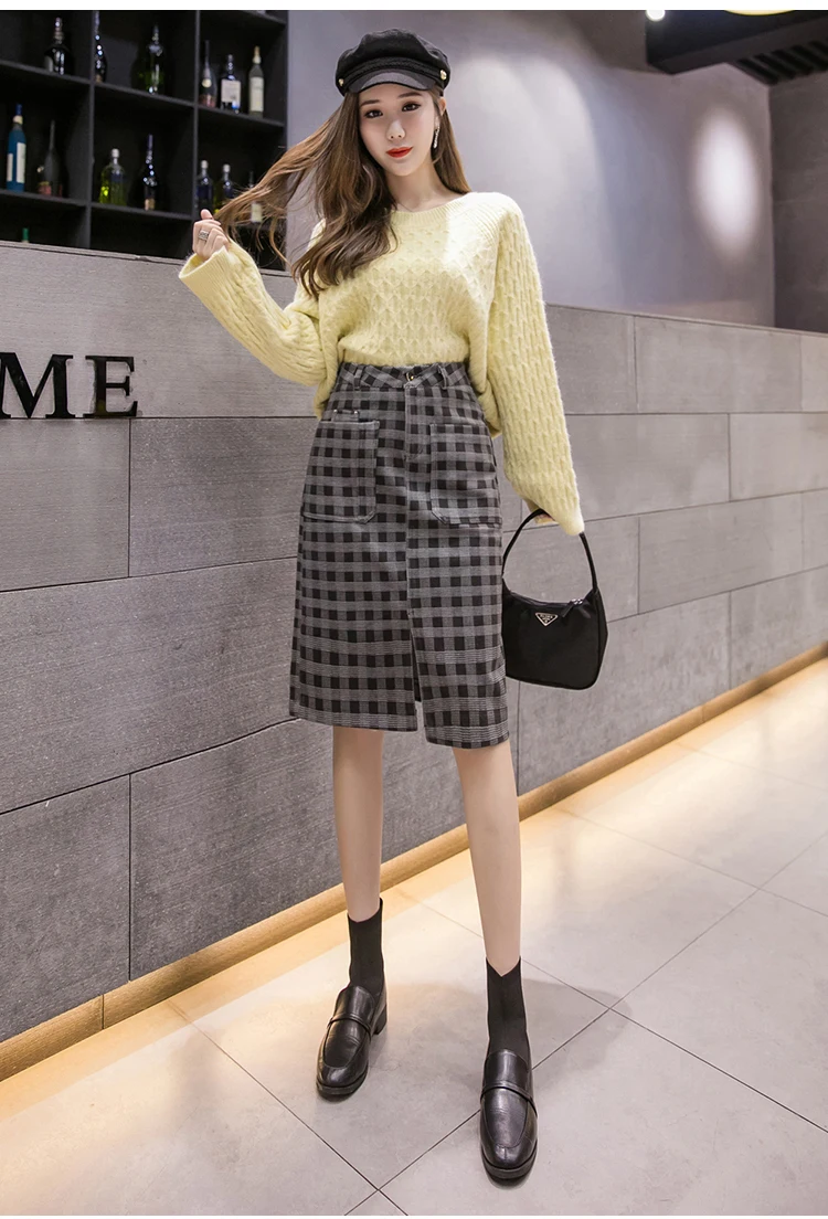 Faldas Mujer Moda клетчатая юбка с карманами, Зимняя юбка-карандаш с высокой талией, женская элегантная одежда средней длины, Jupe Femme