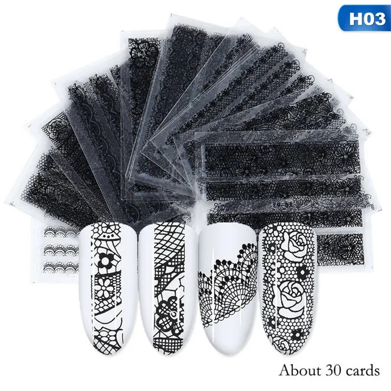 30/50pcs/Set Mixed Design New Nail Art Sticker Set Black Lace Gold Silver Glitter Flower Water Decal Slider Wraps Decor Manicure