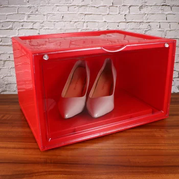 

Dustproof Magnetic Shoes Case Thicken Acrylic Shoes Box Flap Cover Style Shoe Storage Holder Stackable Box (Red, 36x28x22cm)