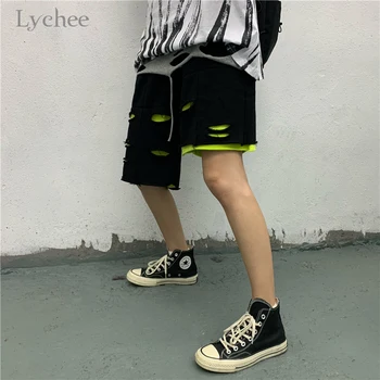 

Lychee Harajuku Casual Patchwork Hit Color Irregular Shorts Hip Hop Ripped Hole Women's Shorts Fashion Casual Short Pants