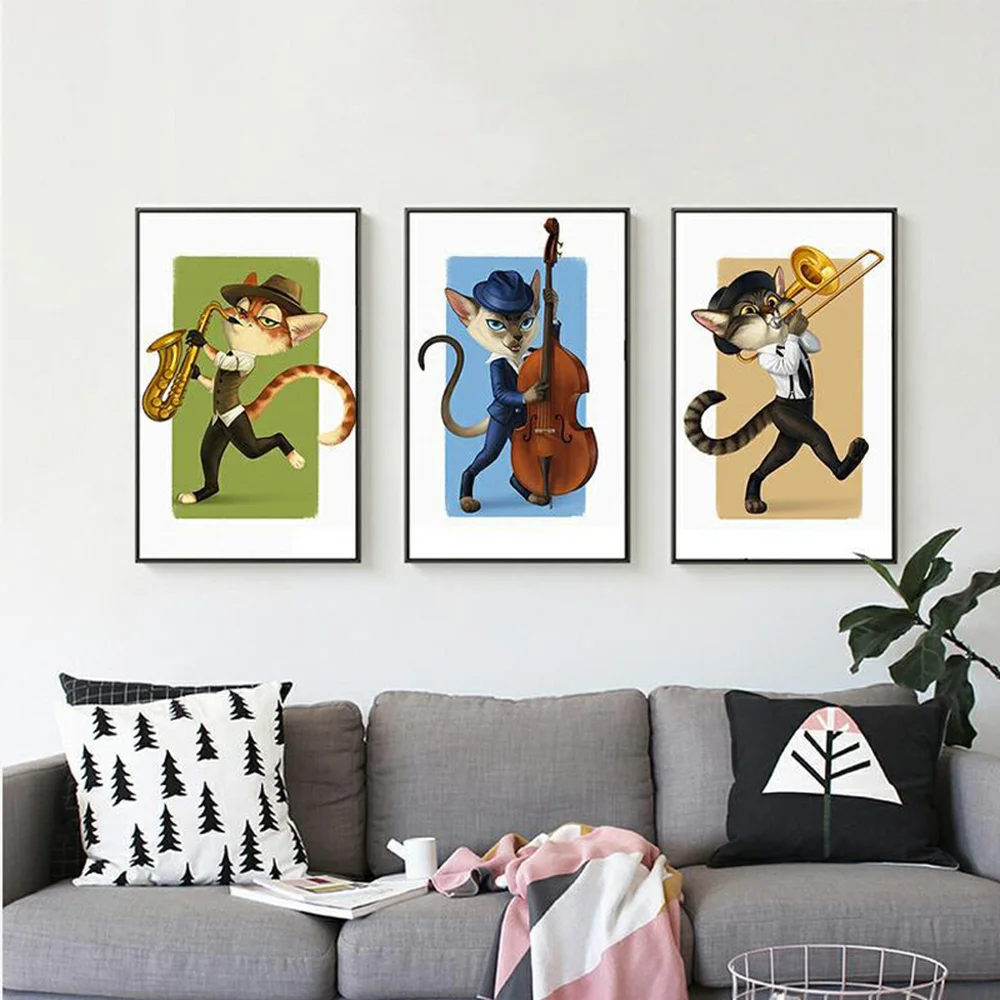 

Violin Cat Personality Canvas Painting Creative Musical Instrument Animal Poster Nordic Minimalist Decorative Painting Pictures