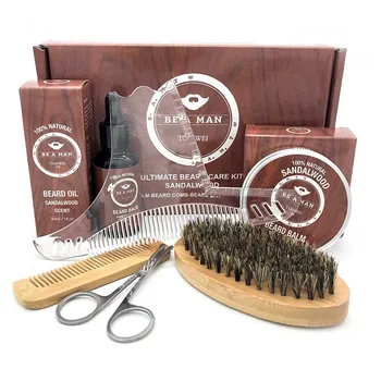 

6pcs Beard Grooming Care Kit for Men Facial Nose Ear Hair Trimming Scissors Beard Guide Mustache Beard Oil Balm Wood Comb Brush