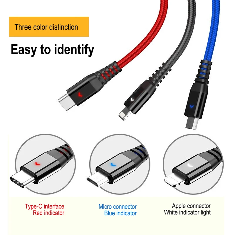 3в1 светодиодный usb кабель для зарядки 3в1 Micro usb type C 8-контактный кабель для зарядки iPhone huawei Мульти Usb порт несколько Usbc телефонный кабель