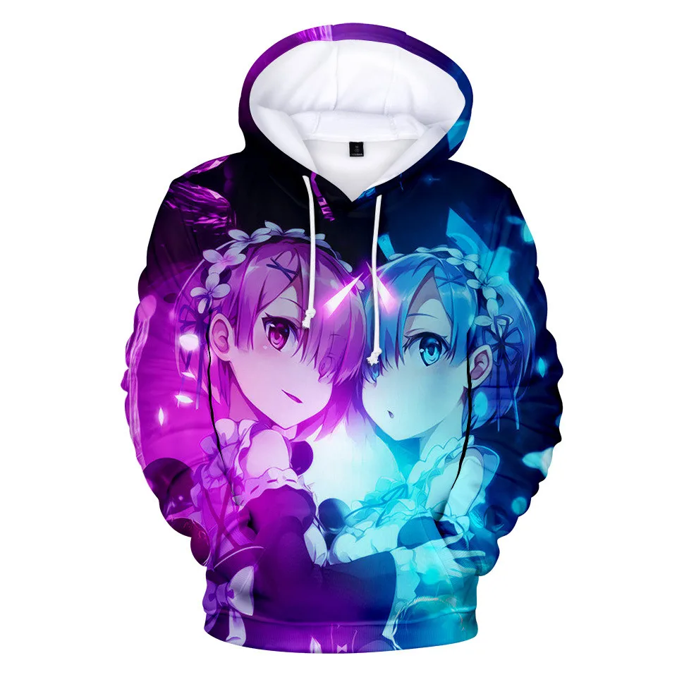 

Ainme Re Zero Hoodies 3D Re Zero Hoodie Sweatshirt Men Women Harajuku Pullover Rem and Ram Japanese 3D Hoodies Plus Size