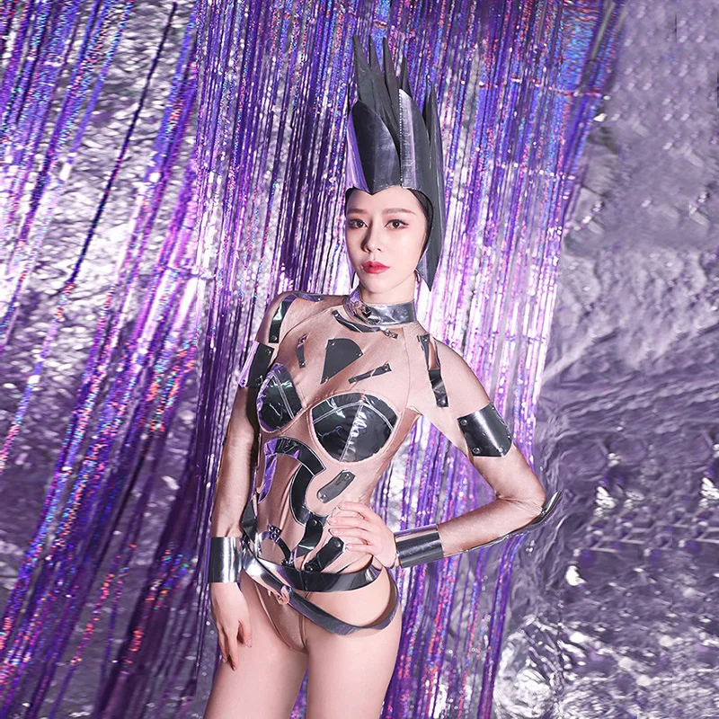 Европейский и американский дизайн комбинированной кожи Stretch Leotard Женский танец Bodysuit Outfit Bar Ночной клуб Woman Dancer Outfit NEW