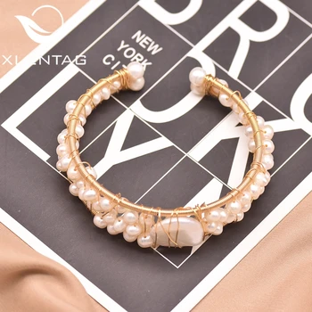 

XlentAg Original Design Natural Fresh Water Baroque Pearl Open Bangle For Women Wedding Luxury Jewelry Pulseras Mujer GB0115