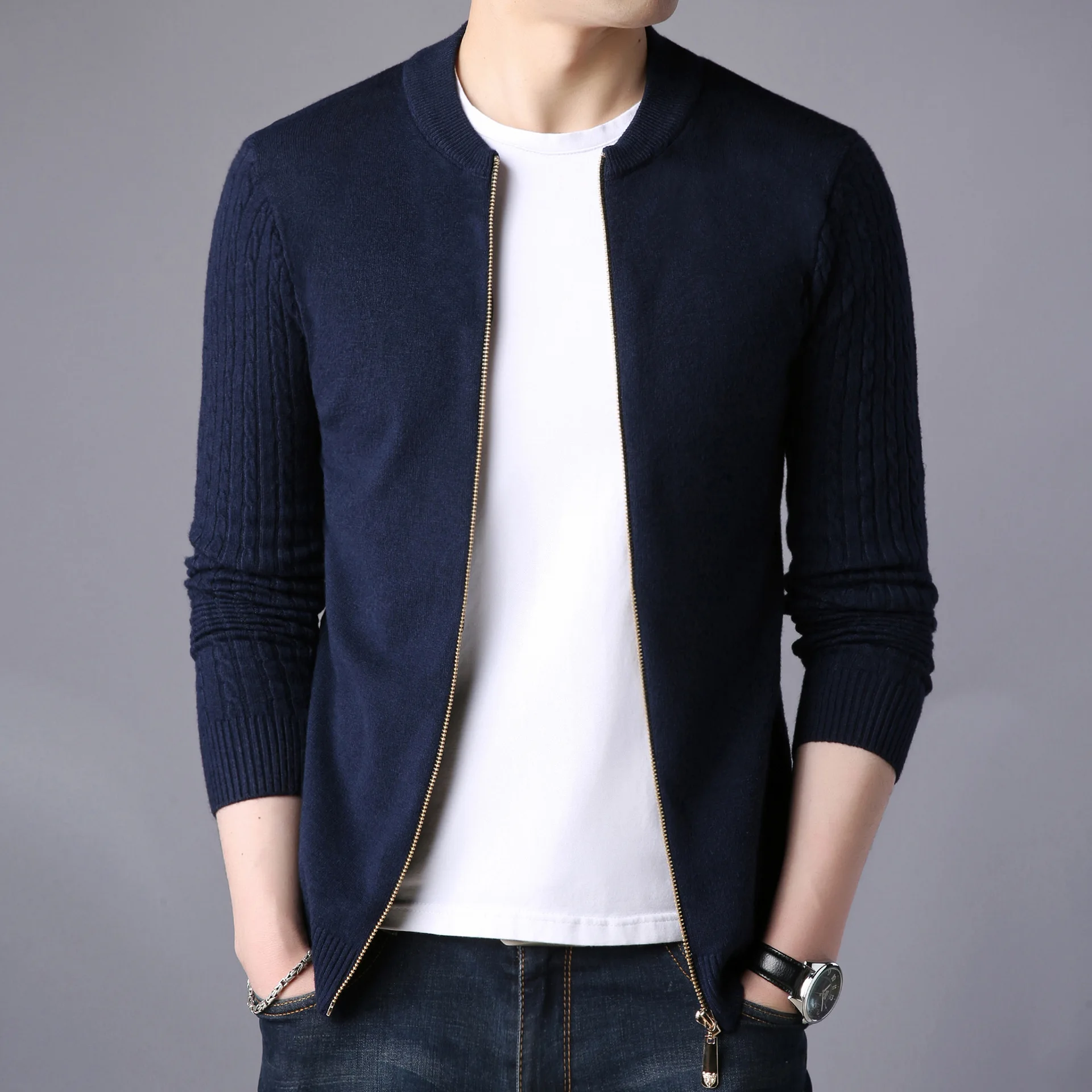 Suéter de lana de piel sintética para hombre, chaqueta gruesa, suéter de punto para hombre, abrigo superior de punto informal de punto, otoño e invierno, novedad