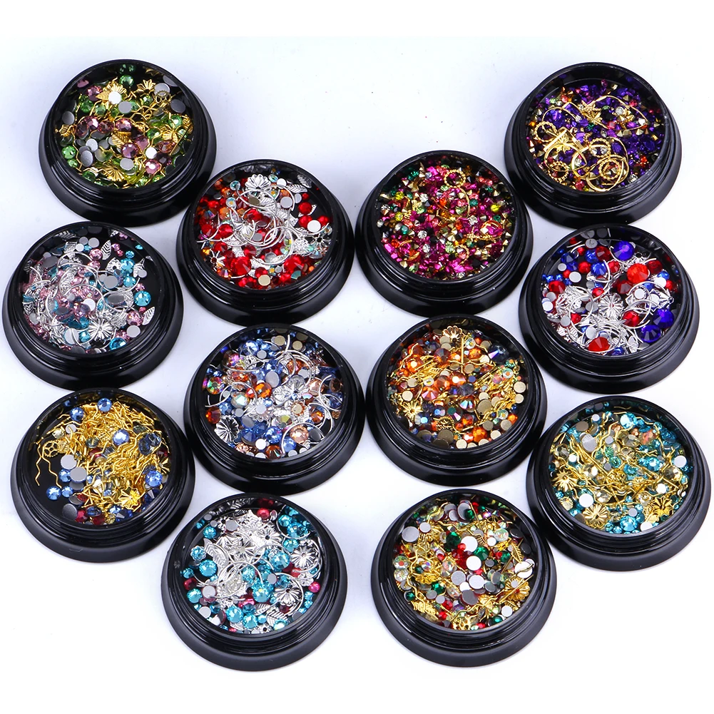 12 Boxes/Set Small Black Jar Metal Rivet Crystal Rhinestone Mix Nails Accessories Art For 3D Nail Decoration | Красота и здоровье