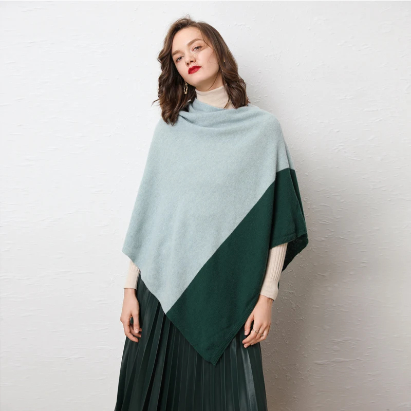 

100% wool classic design color matching cloak autumn winter contrast color knitted wool scarf shawl irregular pullover sweater