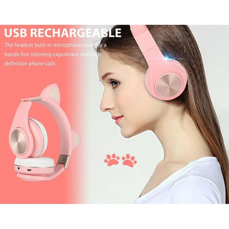 Bluetooth Headphones Cat Ear LED Light Up Wireless Foldable Headphones over Ear for Smartphones Laptop PC TV