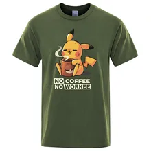 Футболки NO COFFEE NO WORKEE, Пикачу, футболка Pokemon, повседневные мужские футболки с круглым вырезом, Забавные футболки, черные мужские топы, брендовая одежда