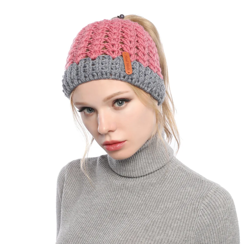 Europe, America, autumn and winter, new, matching, hole, cap, cap, empty top, knitted wool cap, ponytail cap, warm hat