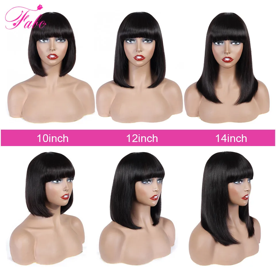 FABC-Peluca de cabello humano liso con flequillo para mujer, postizo de pelo corto peruano Remy, corte Bob, a máquina, 150%
