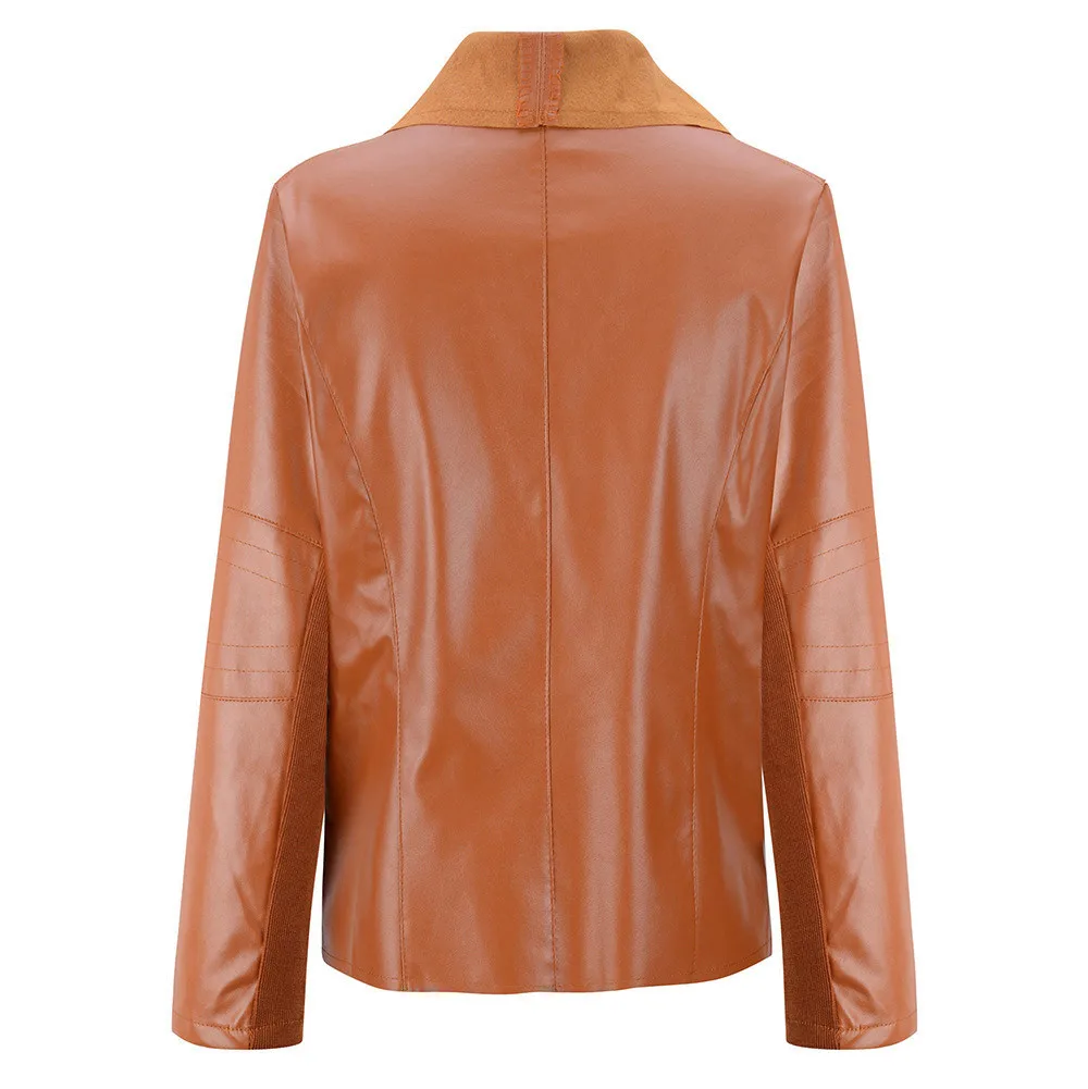 astounding  Fall and Winter 2019 New Spot Slant Zipper Irregular Large Turn-collar Long Sleeve Pu Leather Coat 