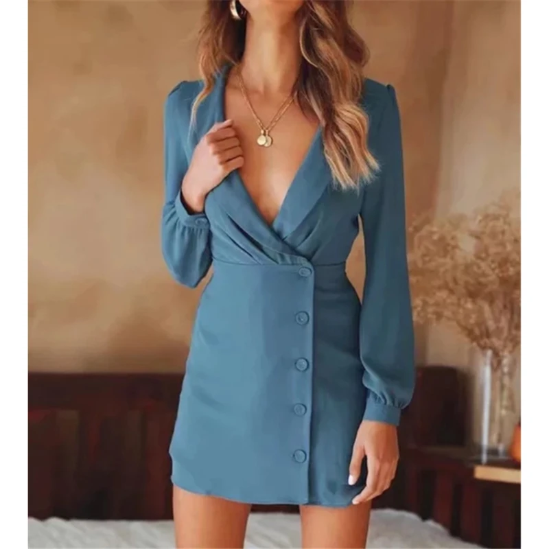 

Elegant Female Office Lady's Mini Dress Long Sleeve Deep V Neck Sexy Dress Solid Color Female Occupation Shirt Dress