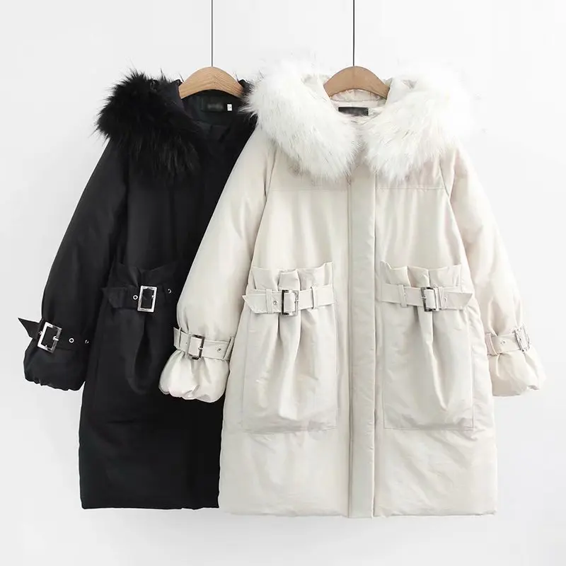 

2018 Winter New Style Korean-style WOMEN'S Wear Mid-length Large Fur Collar Hooded Leather Buckle Large Pocket Loose-Fit Cotton-