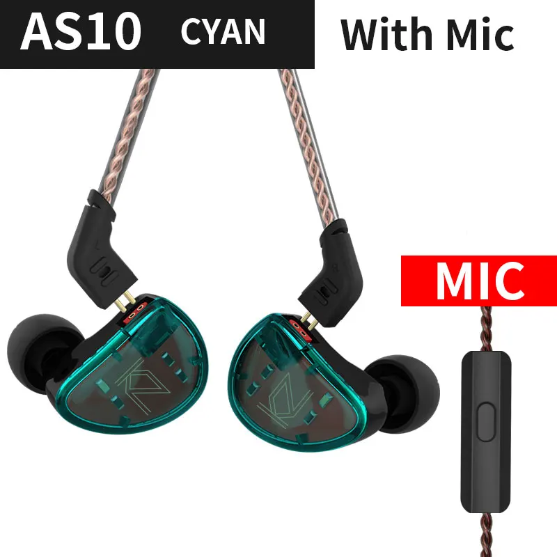 KZ AS10 5BA сбалансированная арматура драйвер HIFI бас стерео гарнитура в ухо монитор спортивные наушники шумоподавление наушники KZ ZST ZSN - Цвет: Cyan  with mic