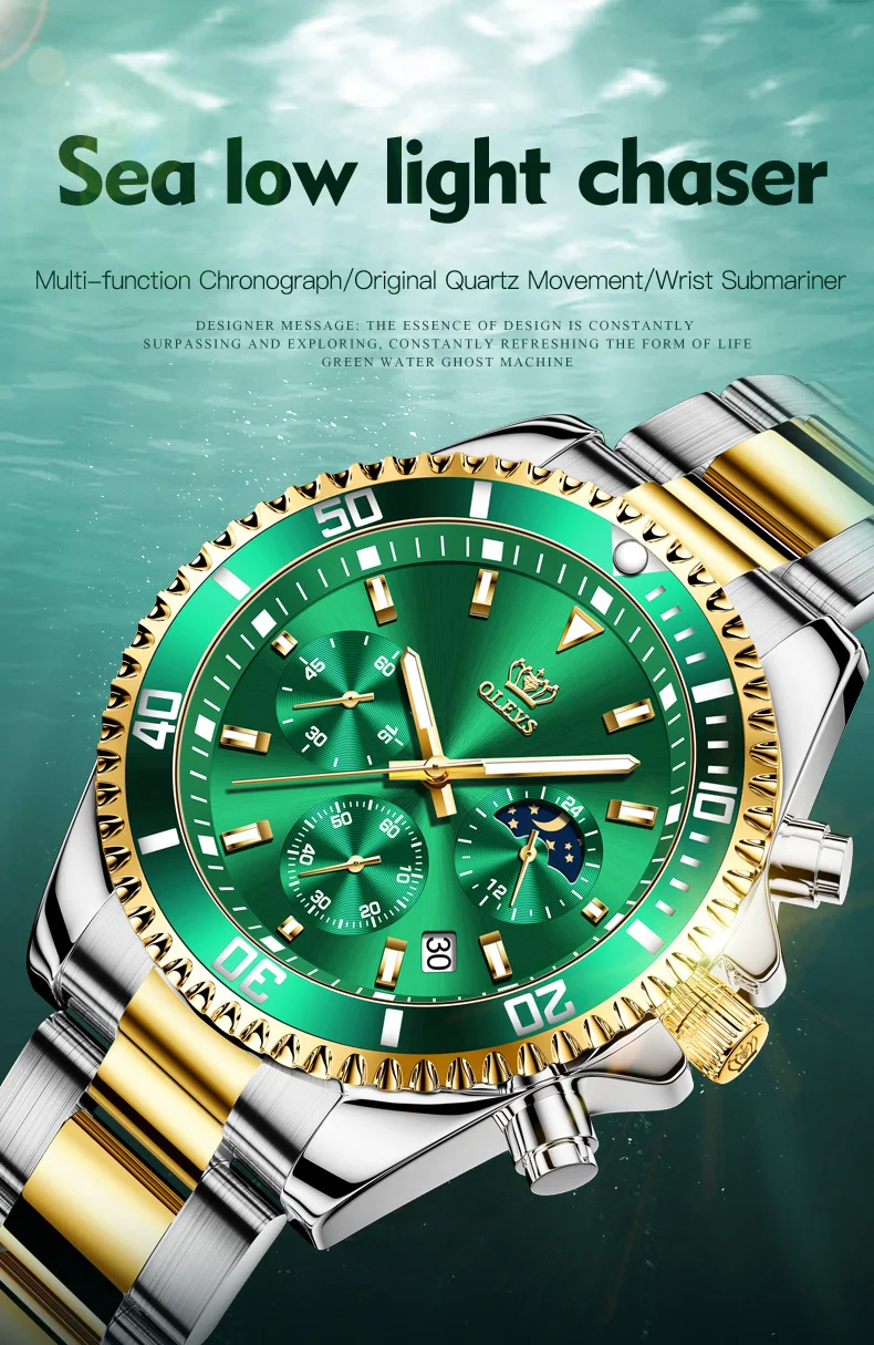 OLEVS Men's Watch Quartz Waterproof Stainless Steel Watch Green Sport Wrist Watch for Men Reloj hombres